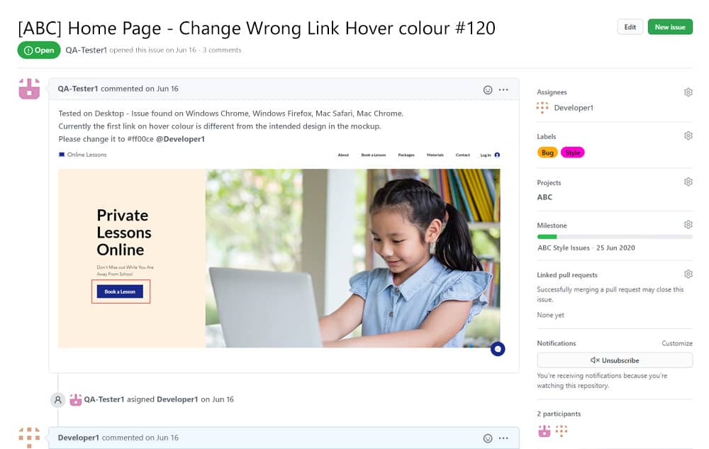 screenshot of example github issue