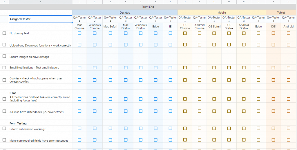 screenshot of example excel sheet for qa testing